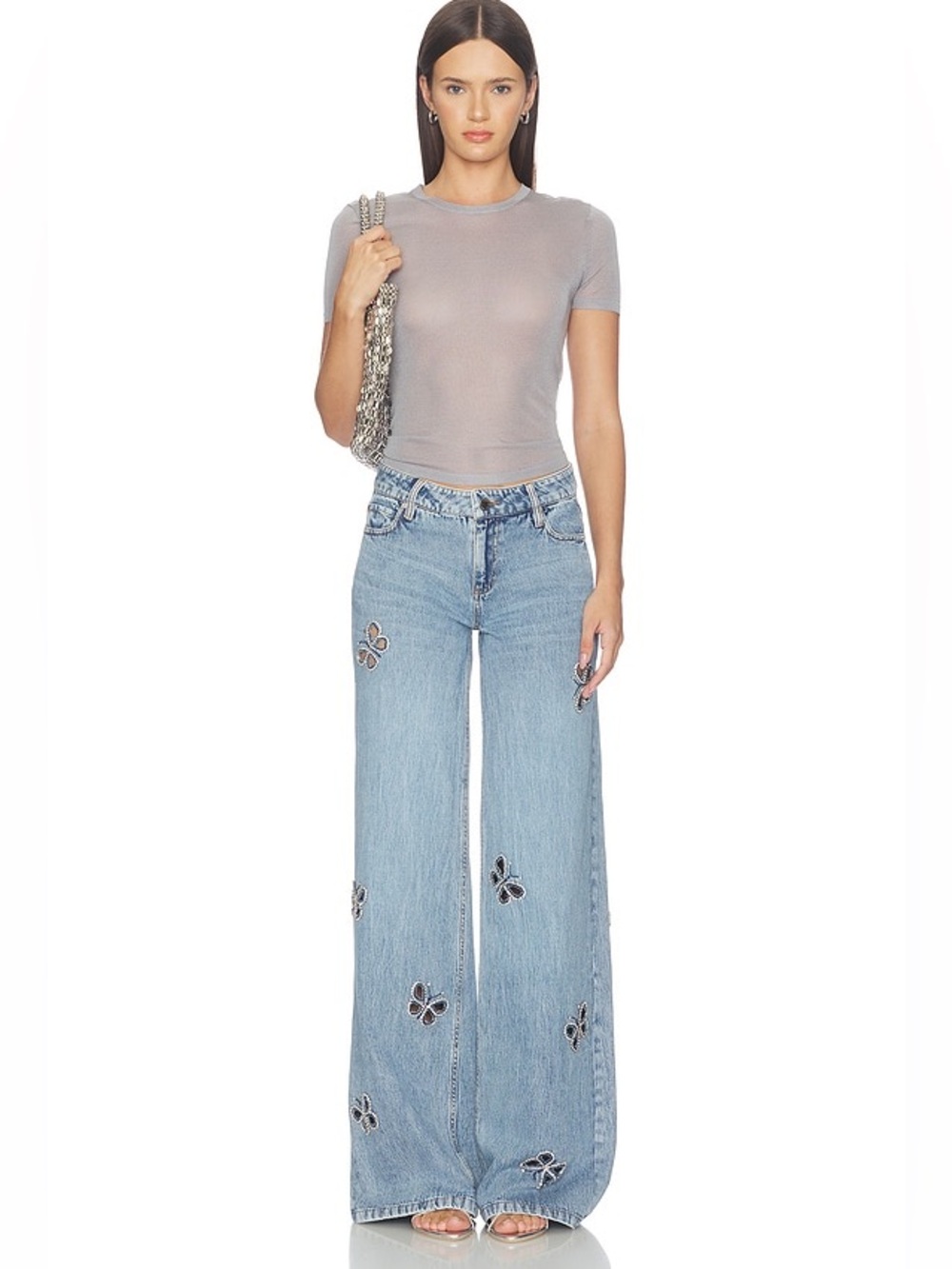 Alice + Olivia Amazing Embellished Butterfly  Cut Out Wide Leg Jeans